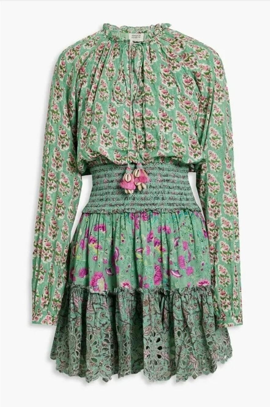 Hemant & Nandita Hera Long Sleeve Floral Mini Dress In Mint Macaron Size M